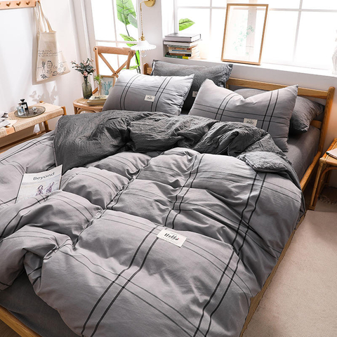 Wholesale 4 PCS King Bed Cotton Fabric Bedding Set Gray Plaid